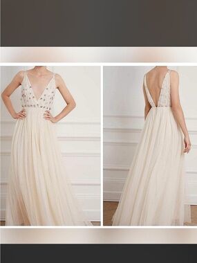 Needle & Thread Ivory Beaded V-Neck Tulle Maxi Dress